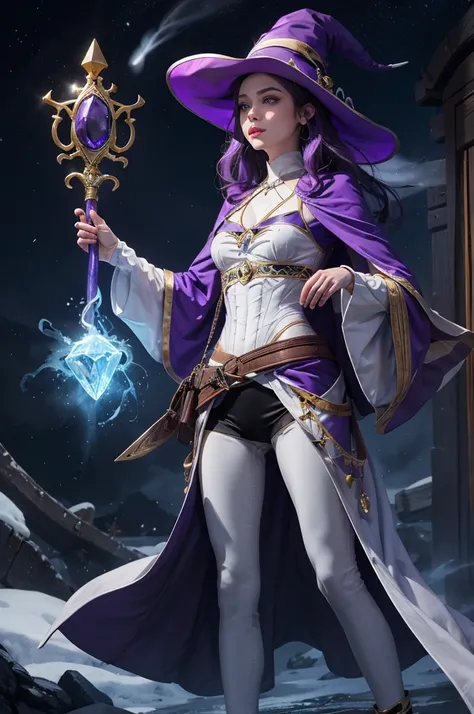 Create a feminine character with angelic beauty, Madura, youth and a touch of luxury, in a full profile from head to toe, with purple hair, blue eyes, Elfa magician with ice power wearing pirate-style clothes with witch's hat, holding a scepter the same si...