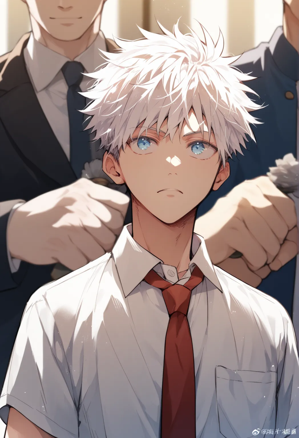 Japanese,  male background, Young, white hair, blue eyes, thin, wearing dress shirt and red tie, It looks like Gojo, trusting, gentill,  funny, 18 years old, At school,