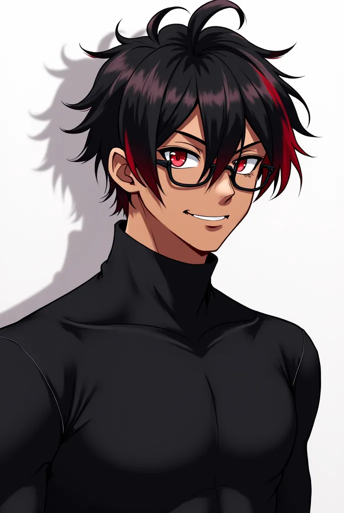 Create an anime man with black hair with large red locks with bangs, Muscular, brown skin with a black turtleneck shirt, red eyes and thin black rim glasses. He has an evil face and is smiling on a white background