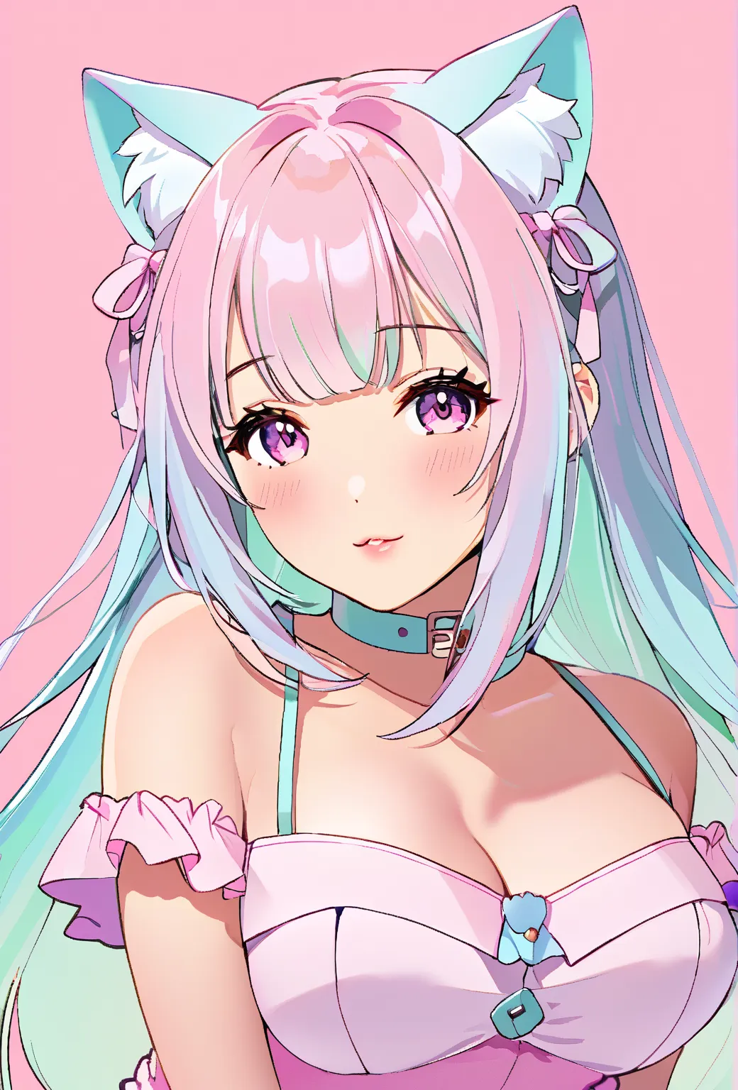 random hot and busty korean catgirl, cat ears, pastel color palette, no background, pastel background, colorful background, 