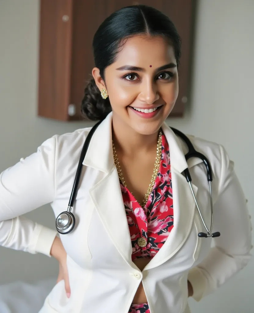  full view photo of 30 years old busty nurse a in hospital, hourglass figure, swooping breasts, deep cleavage, curvy, doing push ups wearing stethoscope on bed, white nurse scout jacket, seductive eyes, sultry, look at viewer lusciously, subtle smile, red ...