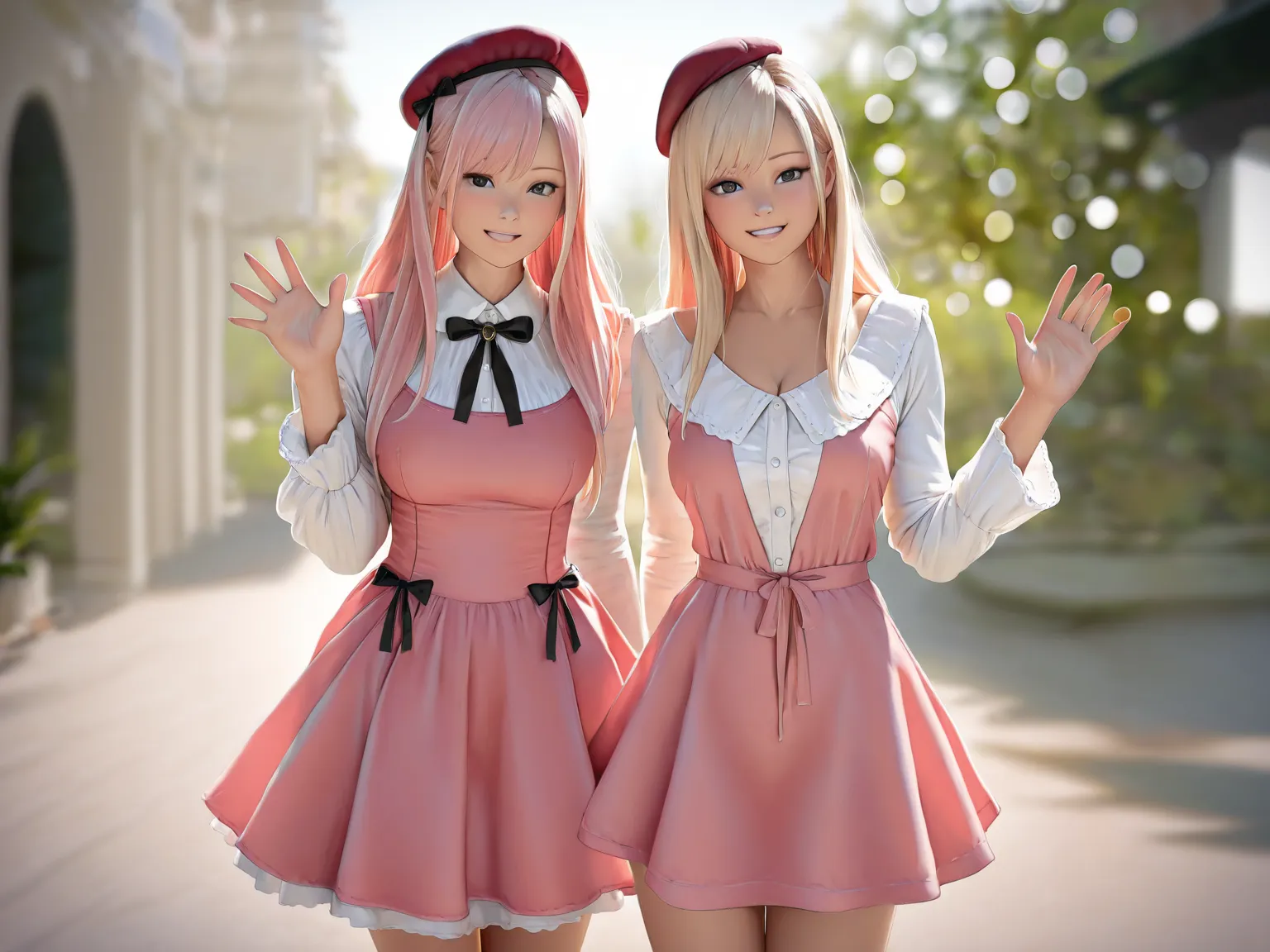 a girl with long pink blonde hair is waving in a Wearing a pink dress, (best quality,4K,8k, highres,masterpiece:1.2),ultra-detailed,( photorealistic,photo-realistic:1.37), bokeh, big tits, white blouse, beret, Gothic Lolita Dress