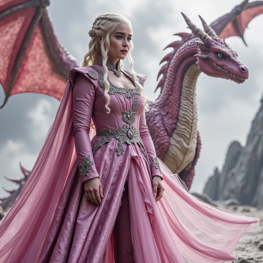 Daenerys Targaryen dressed in pink pirate. She is accompanied by a fearsome pink dragon in a pink dress. The Dragon is dressed in pink boxer shorts