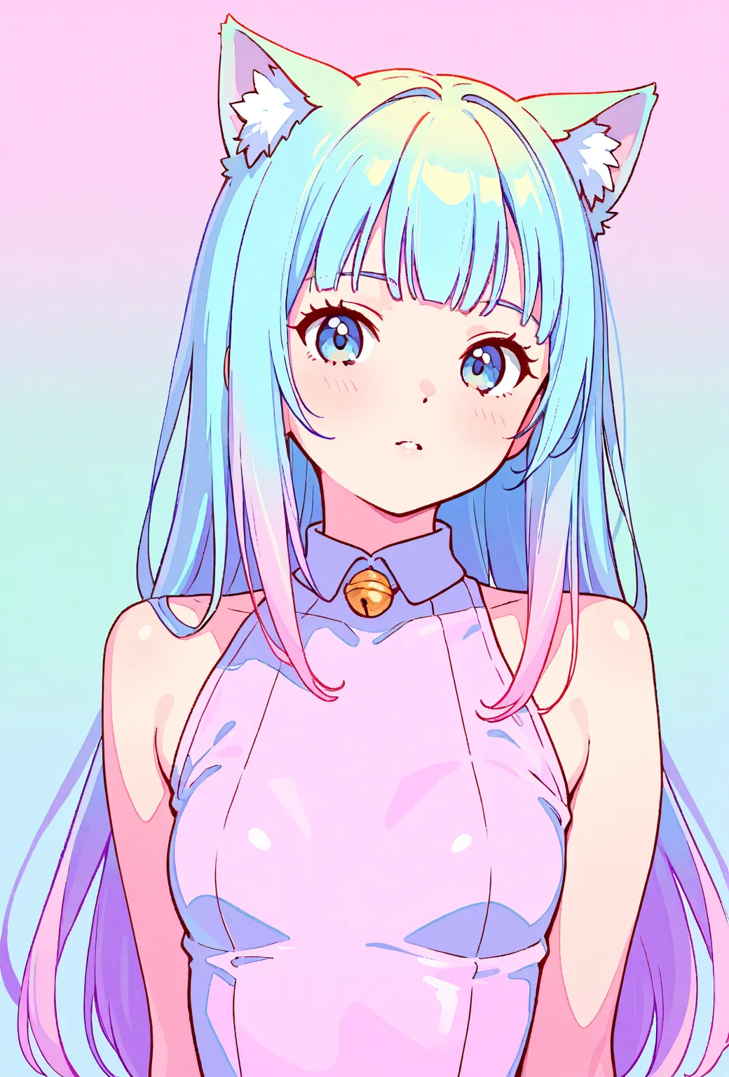 random hot and busty korean catgirl, cat ears, pastel color palette, no background, pastel background, colorful background, 