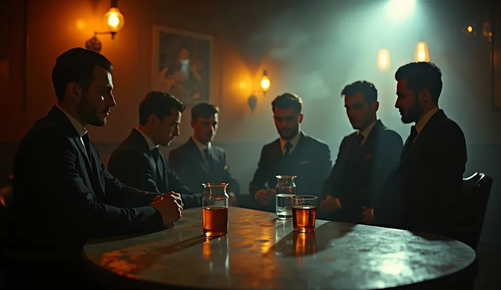 group of young men of the 1930s gathered in a bar in shadows suggesting mystery, inner conflict, despair, melancholy, combined with dim lighting and sepia reflections, realistic, detailed, 4k, low key, vintage