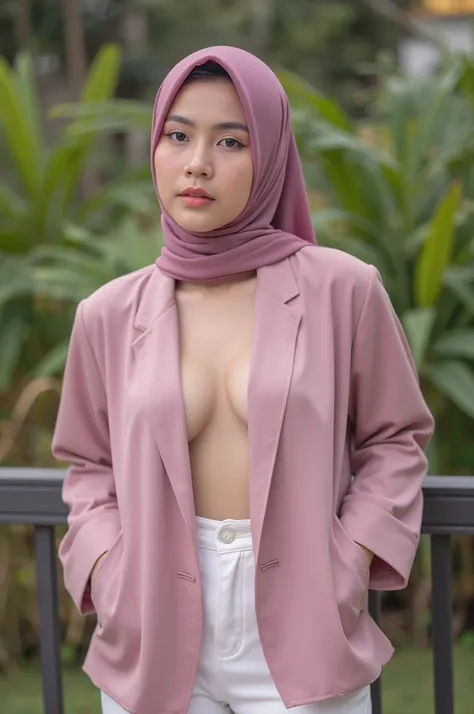 (RAW photo, Materpiece, Best Quality), (hijab:1.4), full body photo, Indonesian young girl Wind from the right,open Clothes that are covered and polite,Hijab, Wide cleavage see big saggy breast, horny and elegant, ((Best Quality))