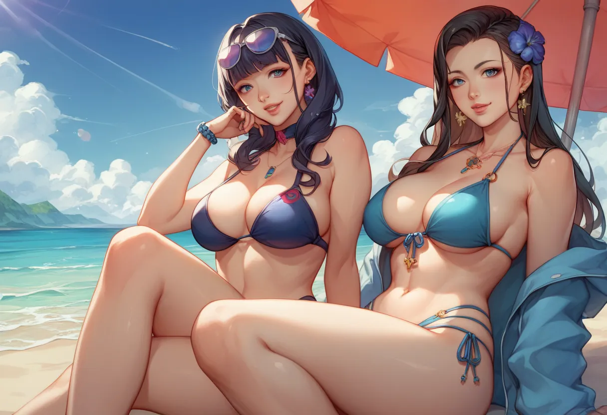 Asian women in their 20s in bikinis sitting on the beach、Japanese Model、 Gorgeous Bikini Models、In a bikini、 gorgeous cyberpunk 、Attractive Poses、Japanese goddesses、Yasumotooka、boobs、beautiful Japanese women with dark hair、 cute swimsuit、Sexy girls in the ...