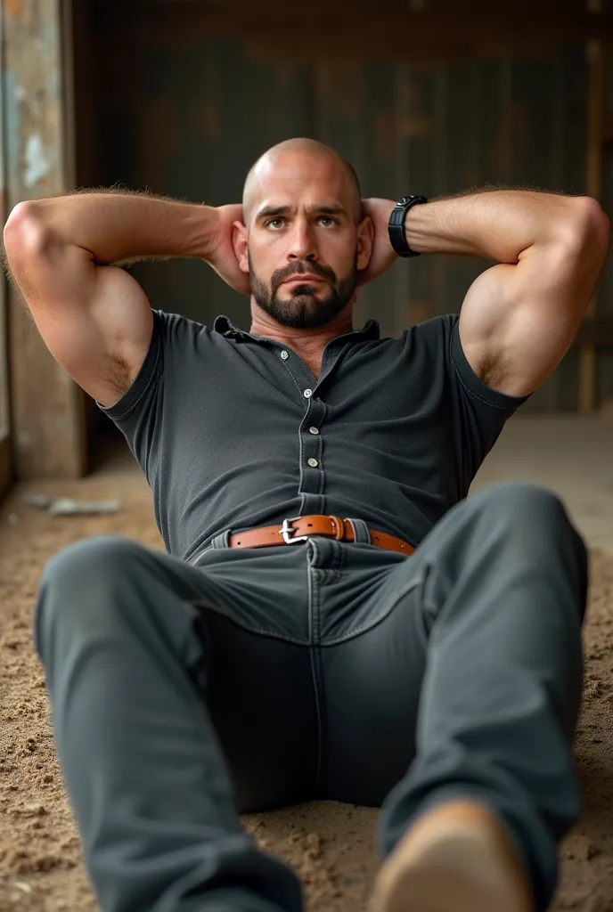 clear photo, no blur, realistic, 35-year-old bald muscular (((athletic man))) , spread ass, view From below,  on his back, dark gray Oxford shirt and very tight dark gray jeans, brown belt, in profile, Big butt, viendo a cámara, black eyes,, at the ranch, ...