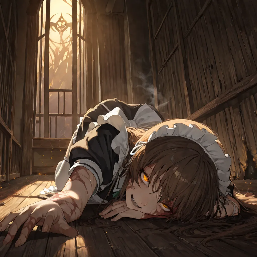 lifeless maid lying on the scorched wooden floor, severe burn marks across her skin, twisted expression of terror frozen on her face, wide-open lifeless eyes filled with fear, blackened and charred hands reaching out as if in her last moments, tattered and...