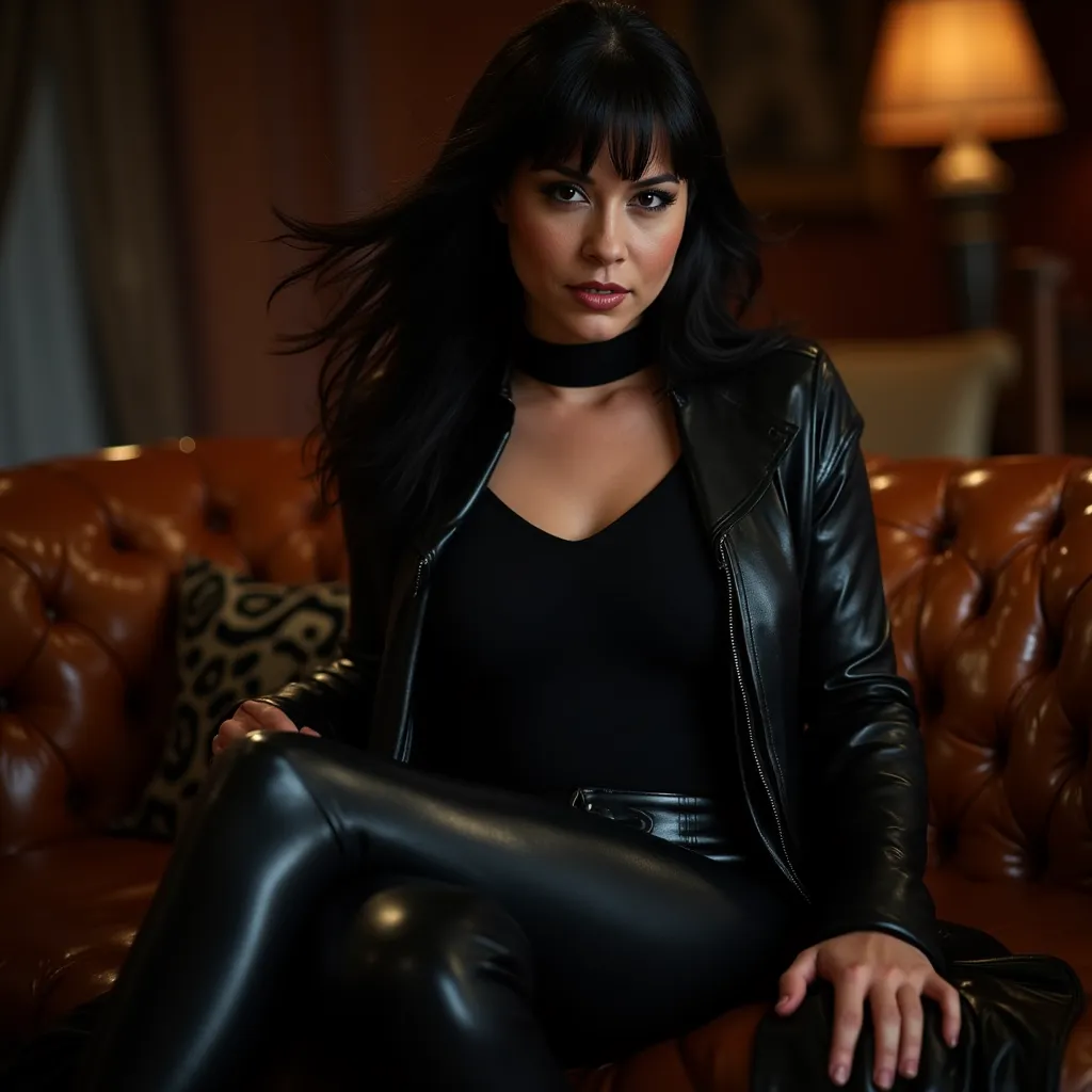 Realistic HDR noisy picture of a curvy sexy woman, 42 years old, black hair with bangs framing her face, subtle smile, sexy build, sexy milf body, muscular, wide hips, wearing long leather cardigan, leather turtleneck and leather pants, high heels, white l...