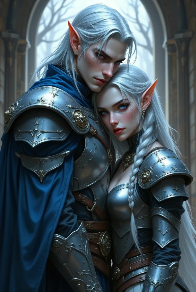 30-year-old man with pale skin, elf's ear , blue eyes, long light blue hair with two braids that fall on either side of the head on her tidy torso, sourcil épais noirs, blue elven guard armor. Next door, a 25-year-old elf., gold gold eyes, long hair up to ...