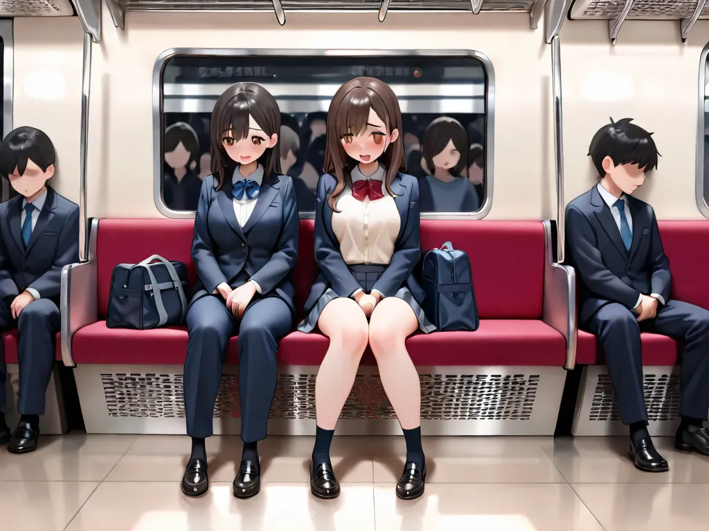  crowded train,The girl sitting on the floor is masturbating,front view