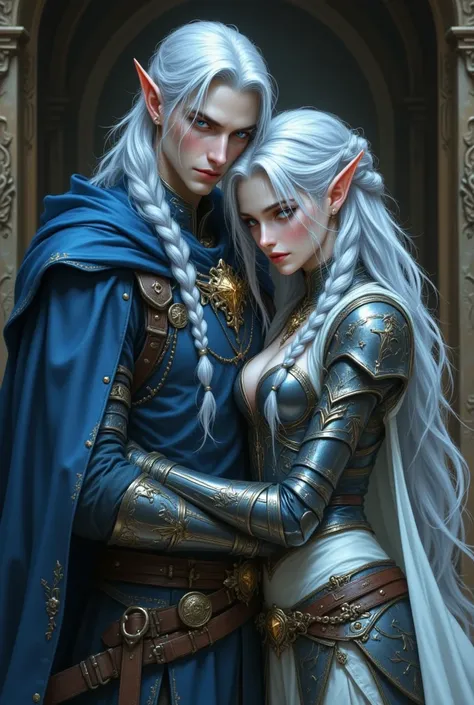 30-year-old man with pale skin, elf's ear , blue eyes, long light blue hair with two braids that fall on either side of the head on her tidy torso, sourcil épais noirs, blue elven guard armor. Next door, a 25-year-old elf., gold gold eyes, long hair up to ...