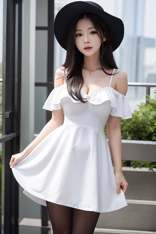 female、white dress、White Hat、Big Breasts、long black hair、Height 240 cm 