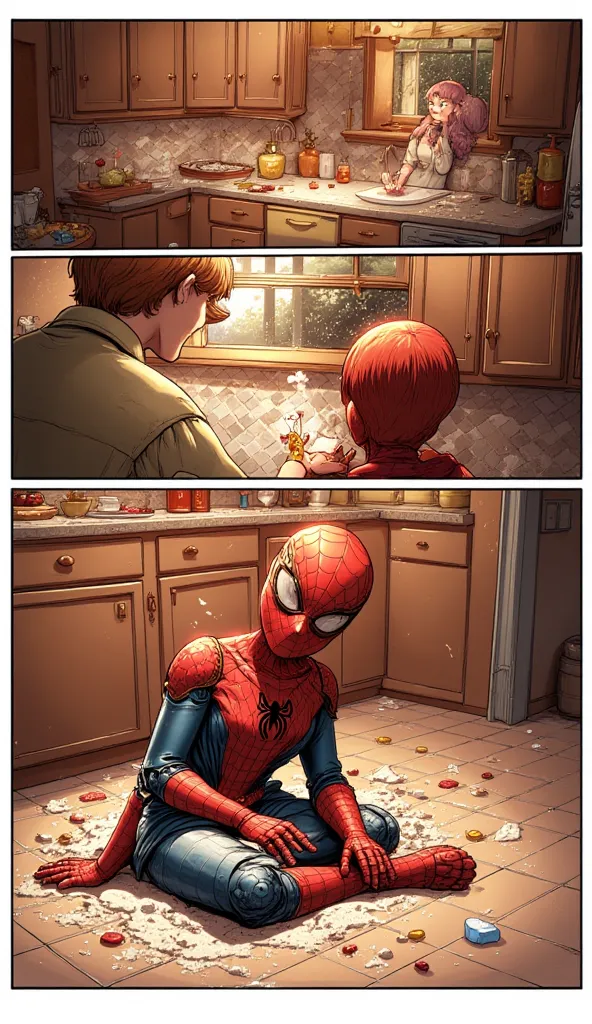 A comic-style, semi-realistic digital illustration depicting a young, like Spider-Man in a cozy kitchen setting. The background remains consistent across all scenes, featuring wooden cabinets, a tiled backsplash, and a warm, well-lit countertop with variou...