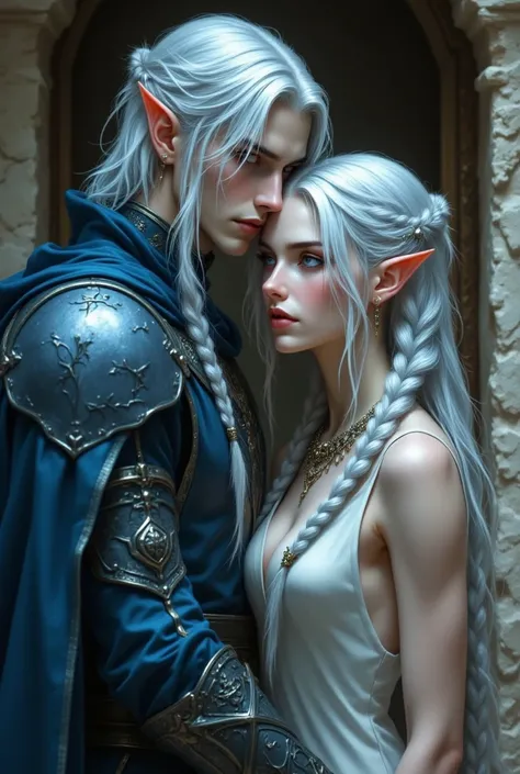 30-year-old man with pale skin, elf's ear , blue eyes, long pale blue hair with two braids that fall on either side of the head on her tidy torso, sourcil épais noirs, blue elven guard armor. Next door, a 25-year-old elf., gold gold eyes, long hair up to t...