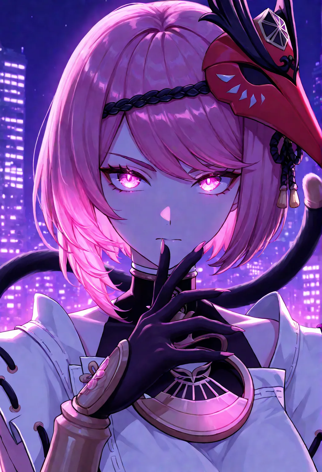 Woman, with neon pink hair in a Bob, with a glowing neon pink eye and neon blue eye, in genshin impact kujou Sara’s clothes, with full gloves with pointed fingernails, with mechanical cat tail, with extra extra large chest, top body portrait, city backgrou...