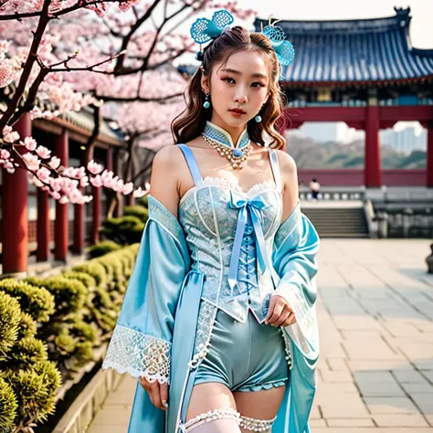 Milk brown and ash hair color、Curly Braids 、light blue shiny enamel headband with large ribbon、droopy eyes、pout，Hanfu with light blue shiny enamel( body conscious with pearls、mini)、light blue shiny enamel corset、garter belt、 White Knee High Fishnet Tights ...