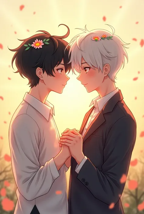 sunless(black hair flower boy) with nephis(white hair taller than sunless simple) holding hands and smiling affectionatly with bright background