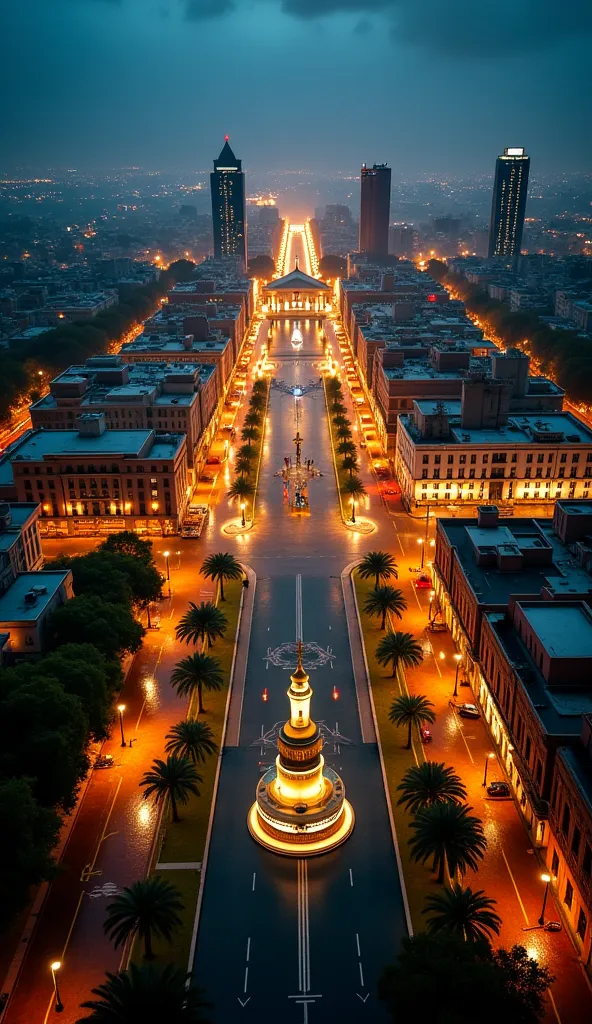 Aerial view from the sky of Mexico City at night, light rain, tilted perspective, illuminated Zócalo with golden and white lights, skyscrapers and Metropolitan Cathedral around, warm and contrasting lighting with golden lights and cool rain tones, atmosphe...