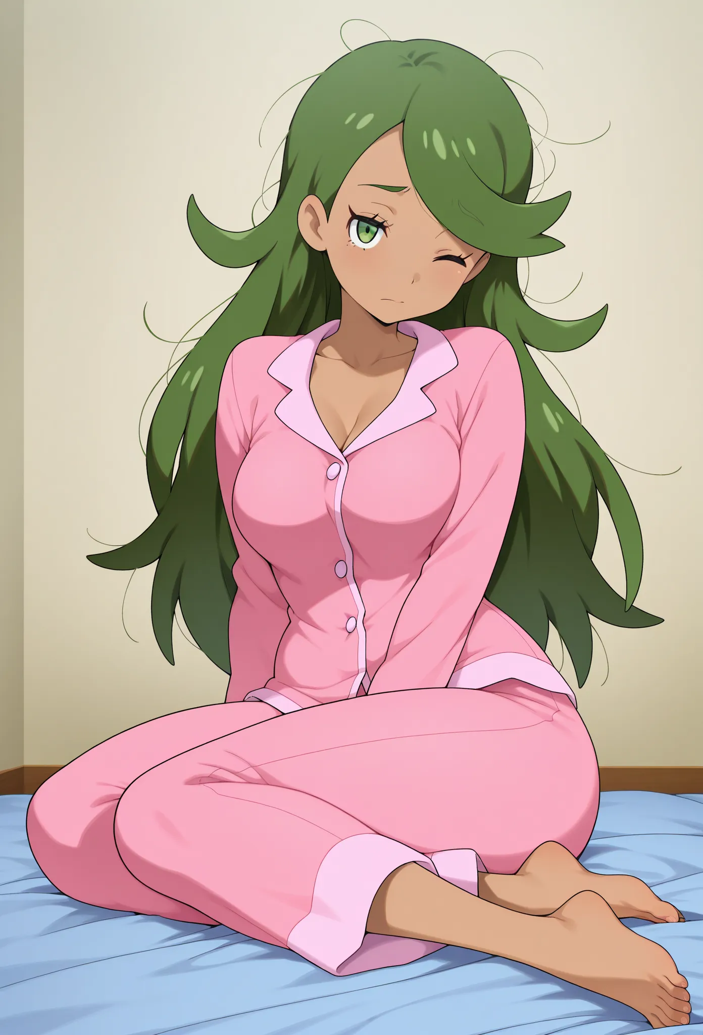 high resolution picture, masterpiece, best quality, amazing quality, solo, 1girl, mallow_(pokemon), hair down, long hair,  alternate hairstyle, pink shirt,  medium breasts, anime_screencap       alternative outfit,                      (curvy), BREAK , Alo...