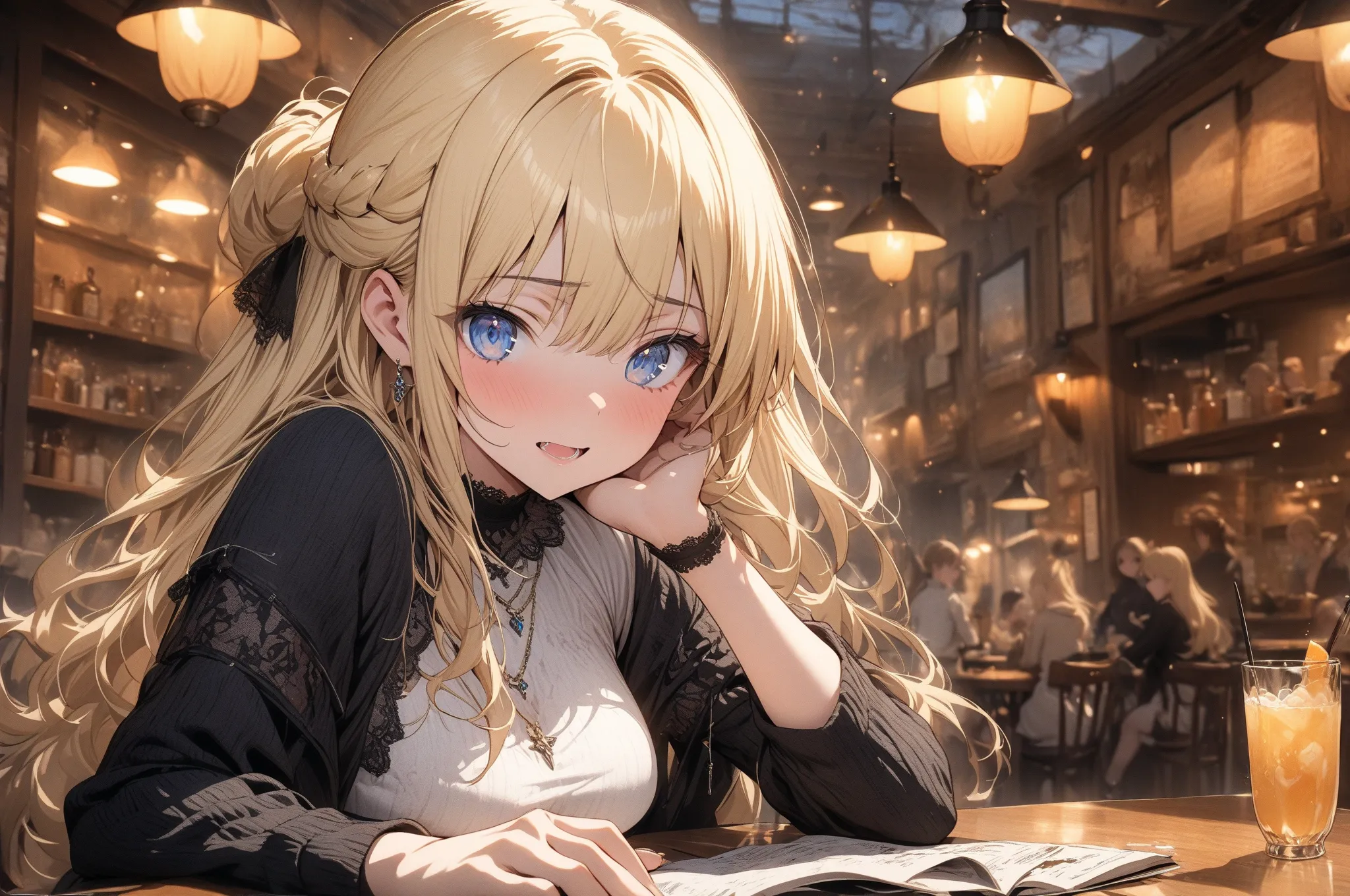 (masterpiece, detailed:1.2), One Girl, Princess, (18-years old), blonde half updo, Medium Breasts, sky blue eyes, BREAK, Highest quality, in Cafe