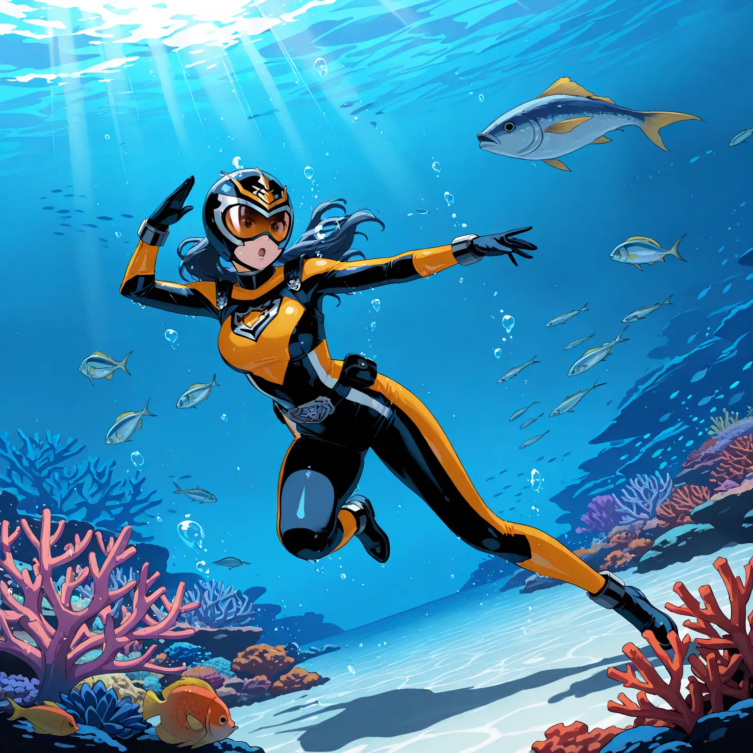 High resolution, Super detailed, Best Quality, masterpiece, 8K, 4K, beautiful background, the best aesthetics, (flat color:0.6), 1girl, female ranger,blue sentai costume, tokusatsu hero, underwater patrol, ocean scenery, marine environment, coral reef, fis...