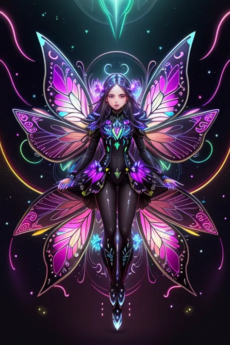 pixel sorted，Futuristic fantasy butterfly，Sci-fi butterflies，Futuristic butterflies，Mechanical butterfly，Fly petals，Metal polished mechanical butterfly painting on black background,Rainbow with neon wings，Form different structures， stunning render, Magical...