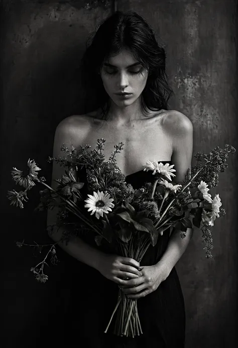 arafed woman with bare torso and bare torso holding a bunch of flowers, inspired by Kati Horna, dark and intricate photograph, flora borsi, by Kati Horna, alessio albi, flowers grow from the body, dark flowers, inspired by Katia Chausheva, by Ivana Kobilca...