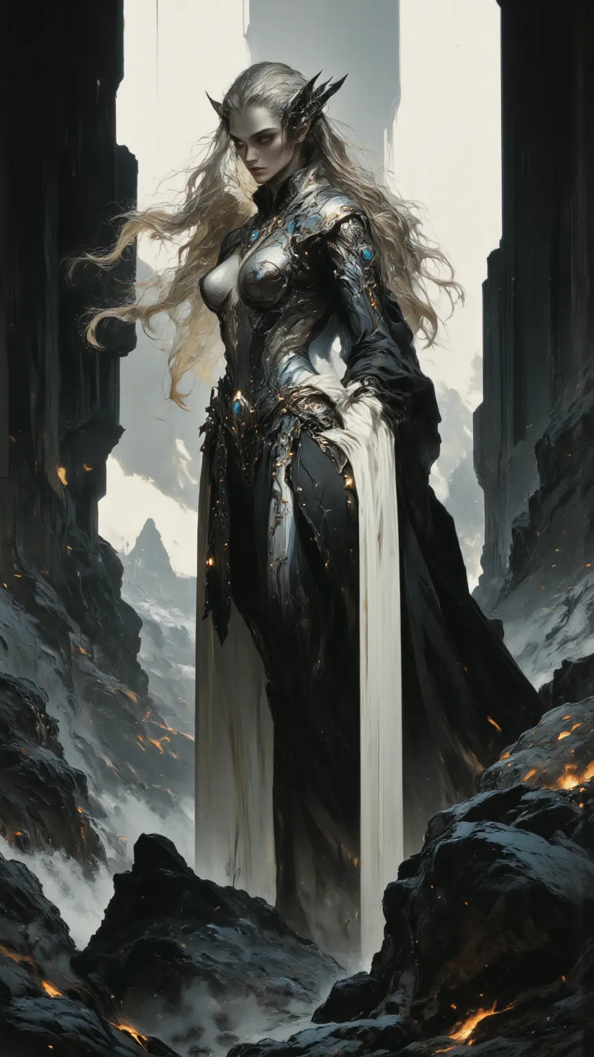 full body, Female Knight，fear ，sci-fi，future，armor，sexy，long golden hair，Wayne Reynolds draws，in a highly detailed and dynamic style, 