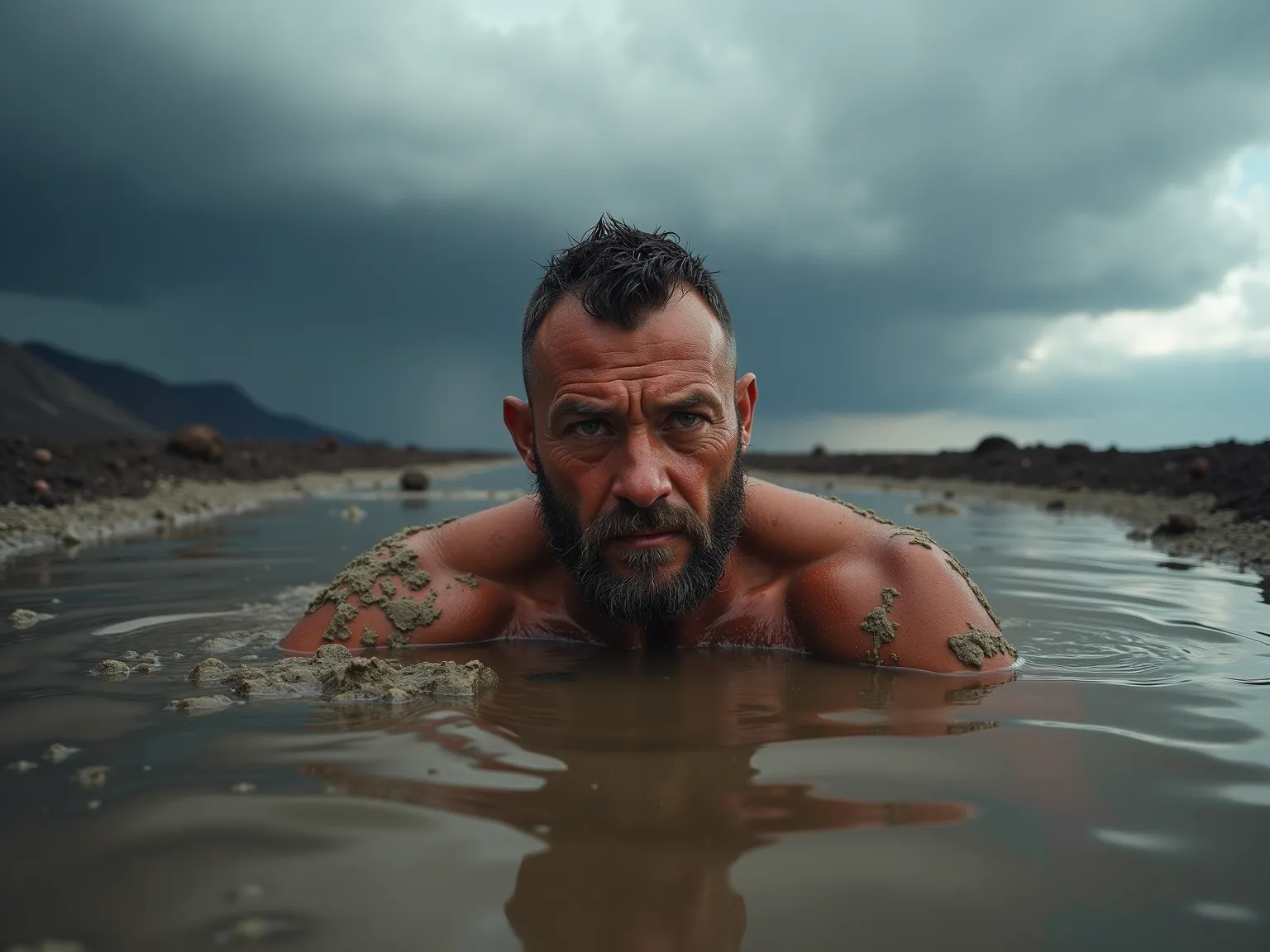 The image is taken partially submerged in the mud, capturing a scary view of burn mountains eruptiona and a dark ash cloud sky above the surface. Below the mudline, the lens reveals a mesmerizing scene, with the lava flowing slowly seeping into the bottom ...