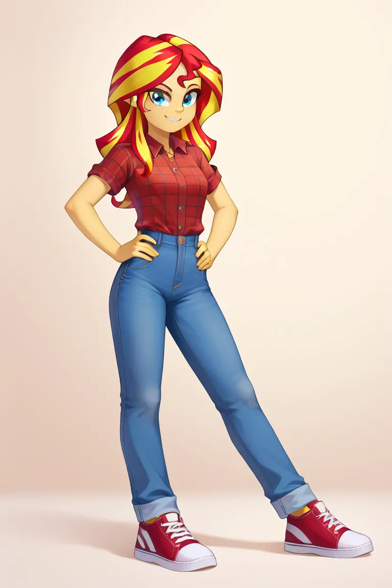 score_9, score_8_up, score_7_up BRE sunset shimmer,pestil, painterly hair, sharp contrasts, ,Sunset shimmerEQG, red hair , green eyes, yellow skin, red flannel collared shirt, short sleeves, blue jeans, full body smile, hands on hips,  1girl, solo, red sne...