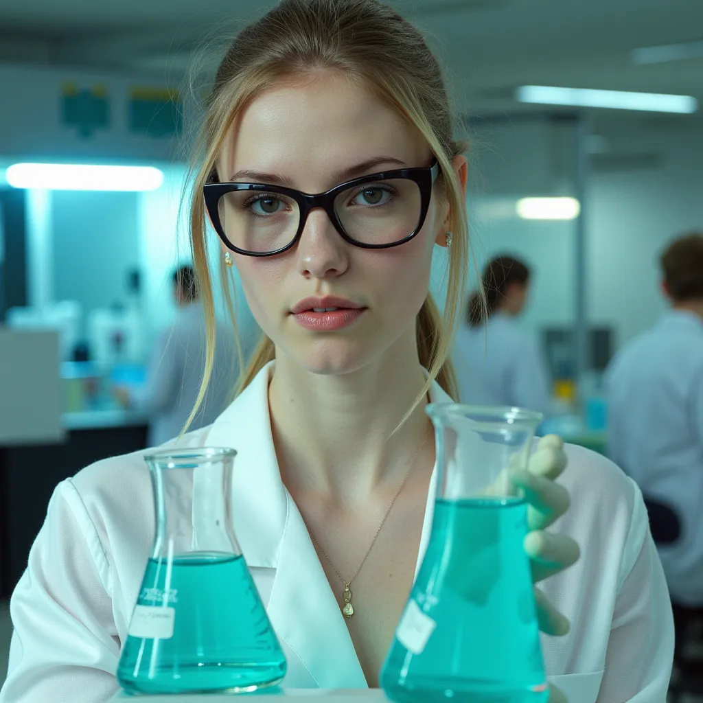 (photoréalisme :1.2), Belle femme, Jolie femme dark blonde aux yeux bleus portant des black square glasses, aux traits latino-américains et aux mains parfaites, avec blouse de laboratoire, à l'intérieur d'un laboratoire de chimie avec de nombreux instrumen...