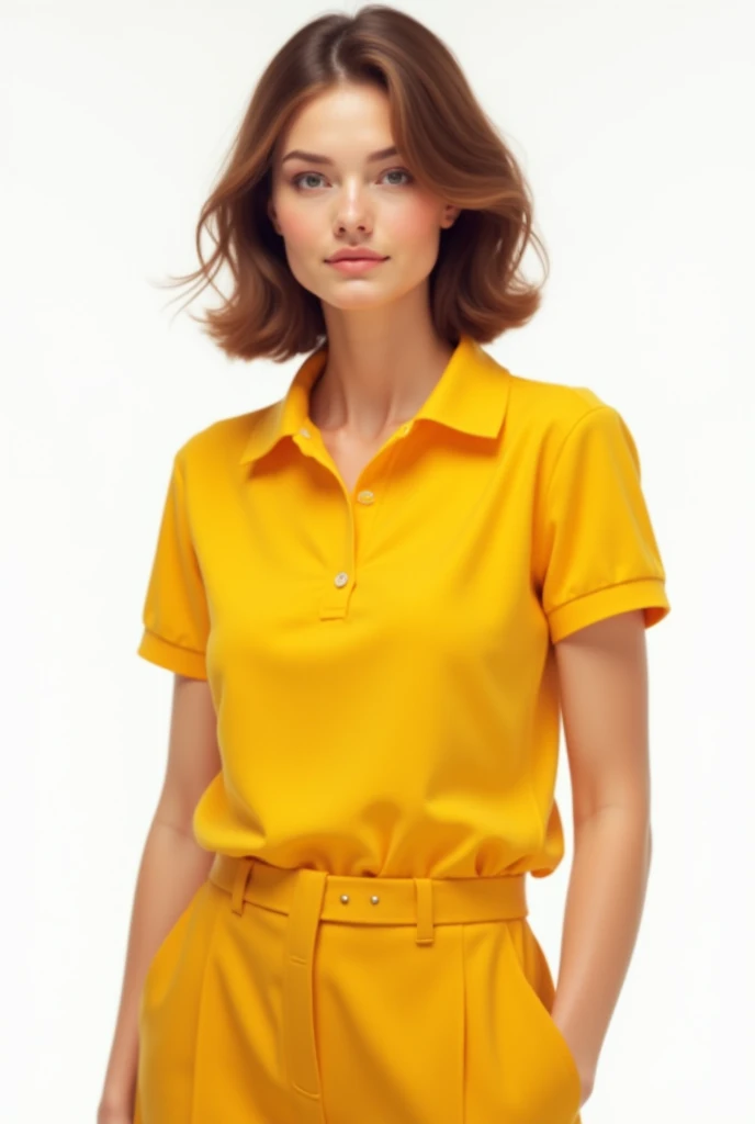 woman with yellow polo shirt and white background