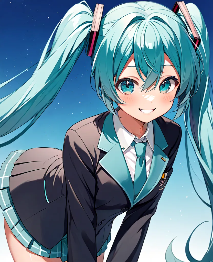 Top Quality,cute,anime style,Hatsune Miku,cute pose,smile, stares,beautiful eyes, blazer uniform,high school girl,cute eyes,