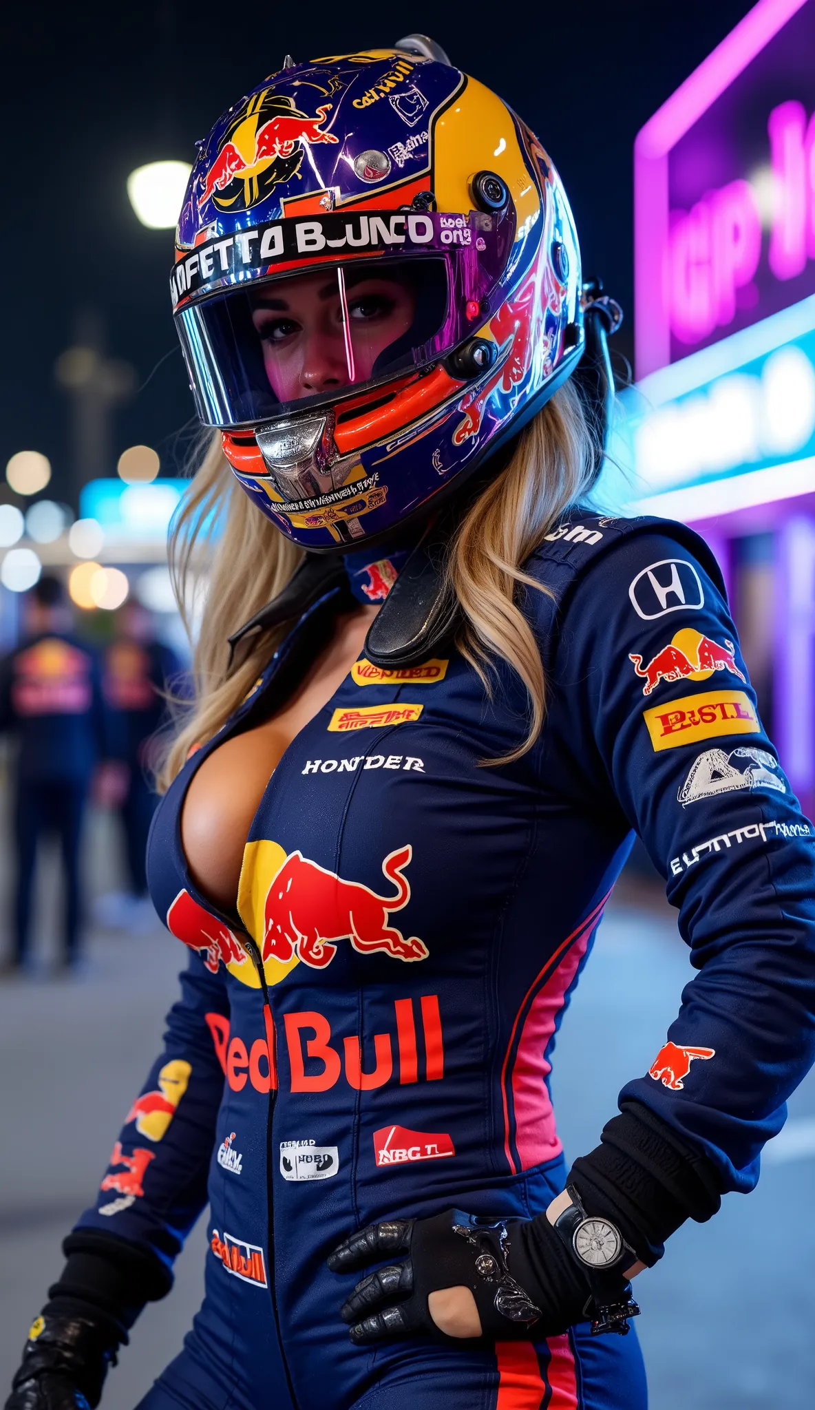 A confident female Formula 1 driver, (((wearing the (((official 2024 Red Bull Racing suit))) with hyper-detailed sponsors (Oracle, Honda, Tag Heuer, Bybit) embroidered in metallic thread, (((keyhole cutout at bust revealing subtle décolletage))), carbon-fi...