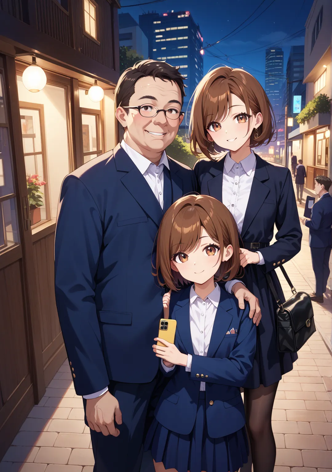 Selfie,nsfw,1 girl,2 boy, standard height,black dress, Long Sleeve,short hair,straight hair that can't be seen from the outside ,brown hair,Brown Eyes,glamorous,swept bangs,white button-up shirt,dark blue skirt, dark blue blazer,walk,bag,night,,Two fat old...