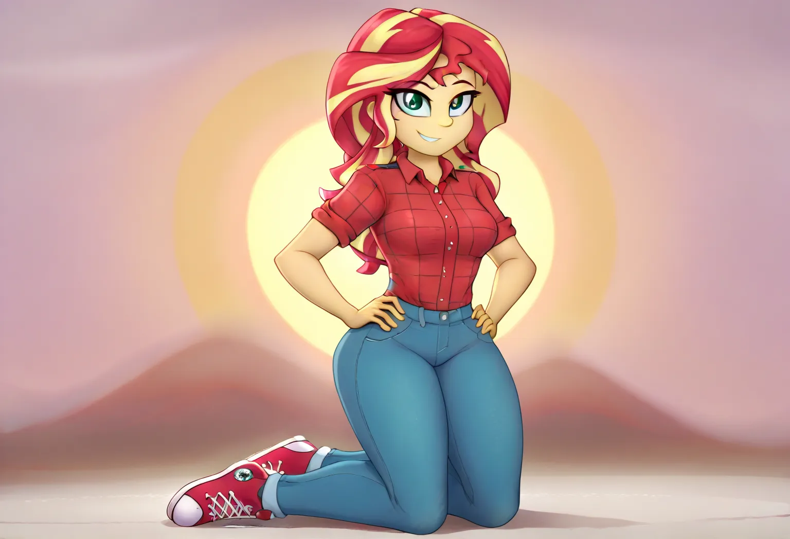 score_9, score_8_up, score_7_up BRE sunset shimmer,pestil, painterly hair, sharp contrasts, ,Sunset shimmerEQG, red hair , green eyes, yellow skin, red flannel collared shirt, short sleeves, blue jeans, full body smile, hands on hips,  1girl, solo, red sne...