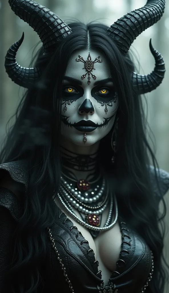 Closep up front face A beautifully detailed goddess Hel with makeup inspired by “La Catrina”, traditional icon of the Mexican Day of the Dead. Her black hair and pale white skin Her reflective and intricate eyes sparkle subtly as she offers an enigmatic vi...