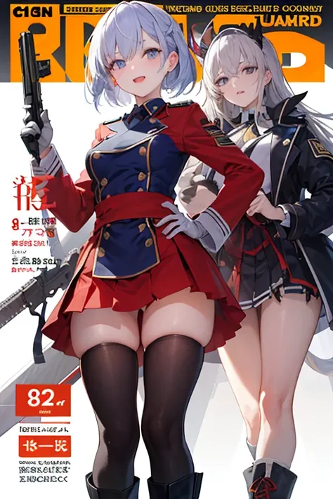 (from below:1.3, Highest quality ), girls , platinum/brown color hair military uniform , The dreamer wants purplish blue eye ,(small breasts:1.0),  Lori Does It , (masterpiece:1.2, Highest quality ), (Beautiful  details depictiOn : 1.2), ( beautiful  detai...