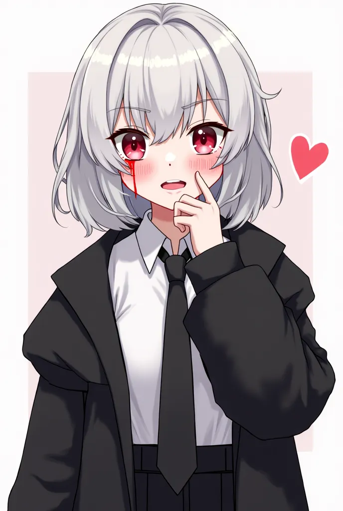 An young anime girl. With white hair. Wearing black tie, white shirt, black jacket, black long oversized pants. She put a hand on her face . Her fingers are showing her mouth.Her face fully in blood. And draw a cute heart  next to her face