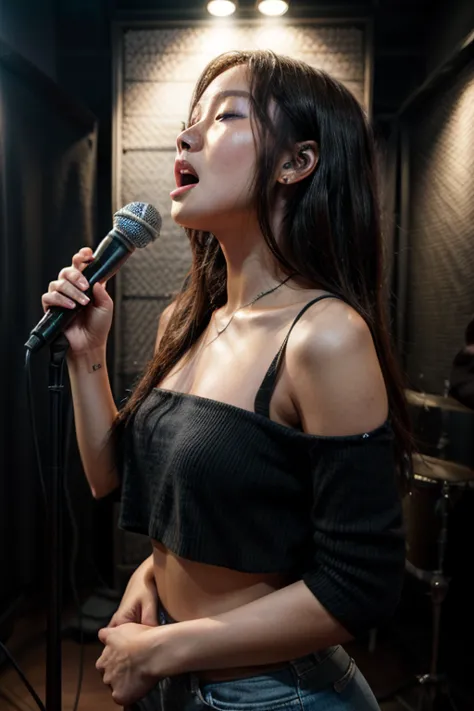 "A Korean woman with long hair, wearing a casual outfit, is singing an pop song in a recording studio profesional. She stands in front of a professional microphone with a pop filter, expressing deep emotions through her performance. The background features...