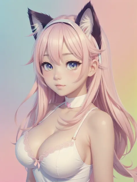 random hot and busty korean catgirl, cat ears, pastel color palette, no background, pastel background, colorful background, cartoonish character, illusrated anime, 
