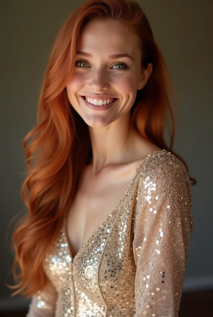 

Realistic photo of a  slender woman with long red hair, brown eyes, pale skin, wearing a champagne sequin dress with lace sleeves, big smile, looking at the camera 