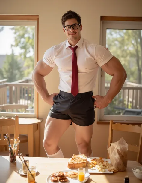 Masterpiece, Accurate, Award Winning, Best Quality, Extremely Detailed, 8K, HD, Super-Resolution, Realistic Textured Hair and Skin, ultra-photorealistic. A ((tall, very muscular man)) with ((short spiky brown hair, thick black-framed glasses, and a strong ...