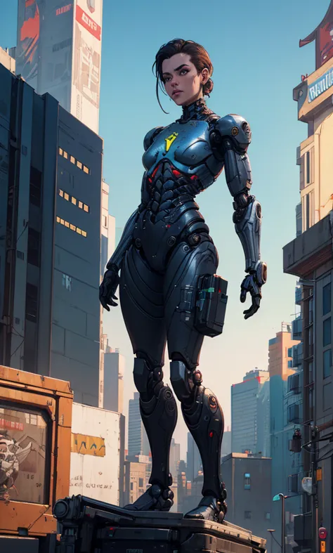 a close up of a robot standing on a pedestal in front of a city, a biopunk cyborg, in cyberpunk 2077,  robotic anime mixed with organic , humanoid form , Cyber robot, pit robot, robot body , endoskeleton, mechanical body, A cyborg, Movie photo of a cool cy...