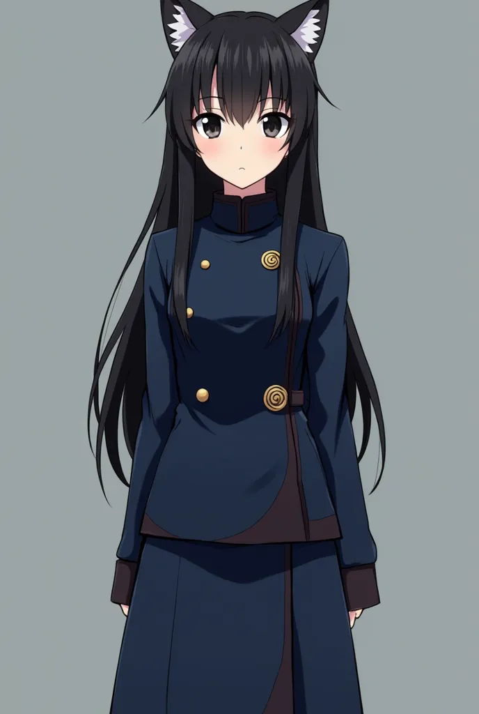 Anime girl long straight black hair with straight bangs dark black eyes, Like a cat , dressed in the uniform dark blue asymmetric jacket with high collar ,and two swirl buttons on the left side and a matching long skirt from the Tokyo Metropolitan Magic Te...