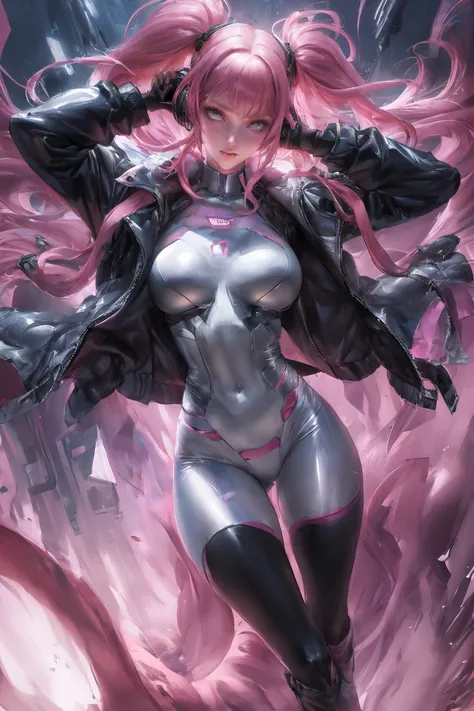 1girl, arms up, bangs, bodysuit, breasts, covered navel, cropped jacket, gloves, headphones, impossible bodysuit, jacket, large breasts, long hair, long sleeves, looking at viewer, lying, medium breasts, on back, parted lips, pink bodysuit, pink eyes, pink...