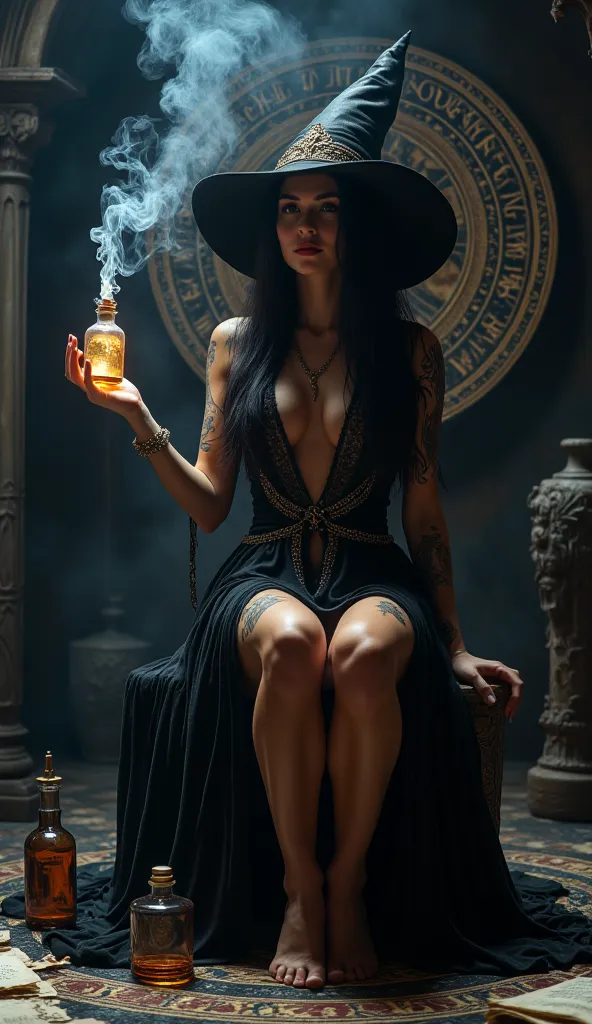 A captivating portrayal of a witch, seated in a dimly lit, gothic-inspired setting.  The woman, with long, flowing black hair and a serious expression, wears a black, low-cut, flowing gown, exposing some a very sexy body yet emphasizing strength and elegan...