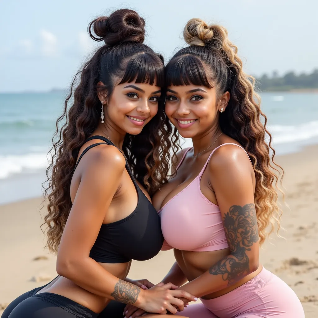 A beautiful indian lesbian couple,  big breasts, 36d, flirty gaze, specs, village ,fullbody picture,yoga pants, tattoos, long curly hair,dark skin, brown hair with blonde hairlocks,big hair bun ,bangs ,doing yoga,beach,blush